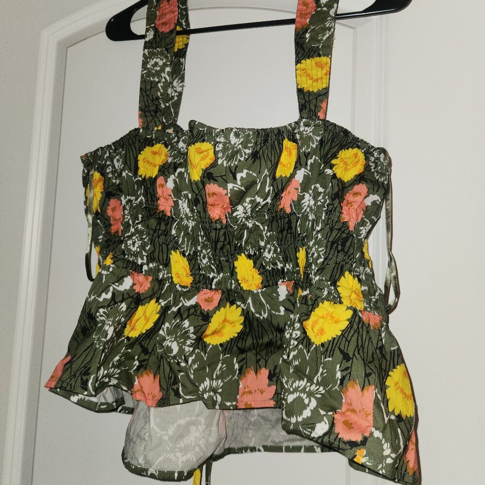 Floral Peplum Hem Top Women's S Green Combo Square Neck Sleeveless